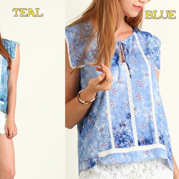 UMGEE  Ladies Tie Dye Keyhole Top with Lace Trim and Floral Print  NWT - Picture 2 of 6